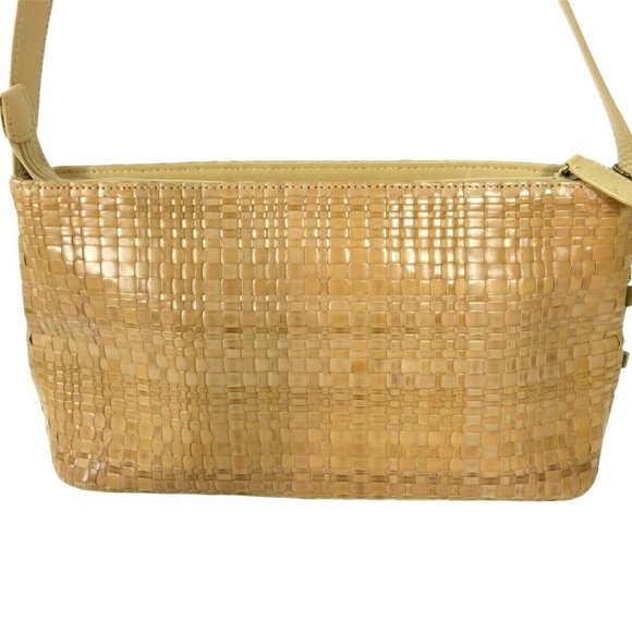 Vintage FOSSIL Tan Woven Leather Shoulder Bag Key Charm Zipper Handbag Purse - Picture 5 of 12